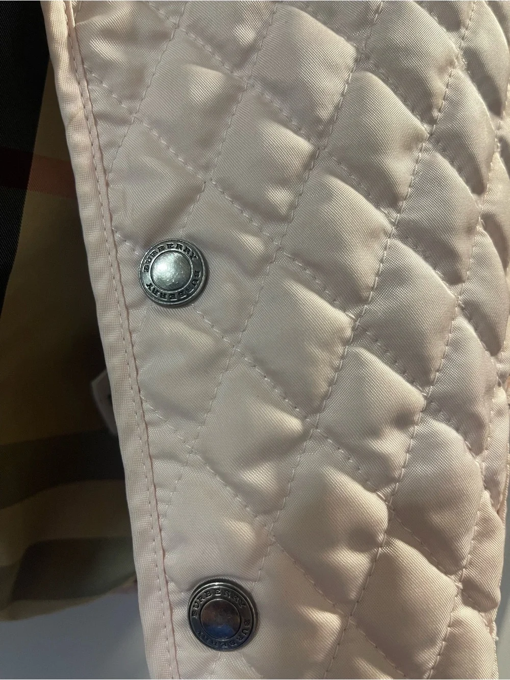 Burberry Kids Pale Pink Quilted Jacket with Signature Check Lining